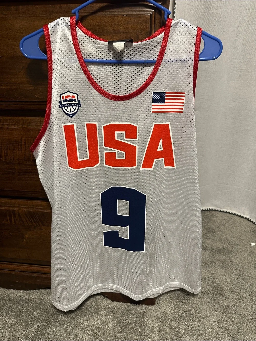 USA Jordan # 9 White Basketball Jersey with Red Trim